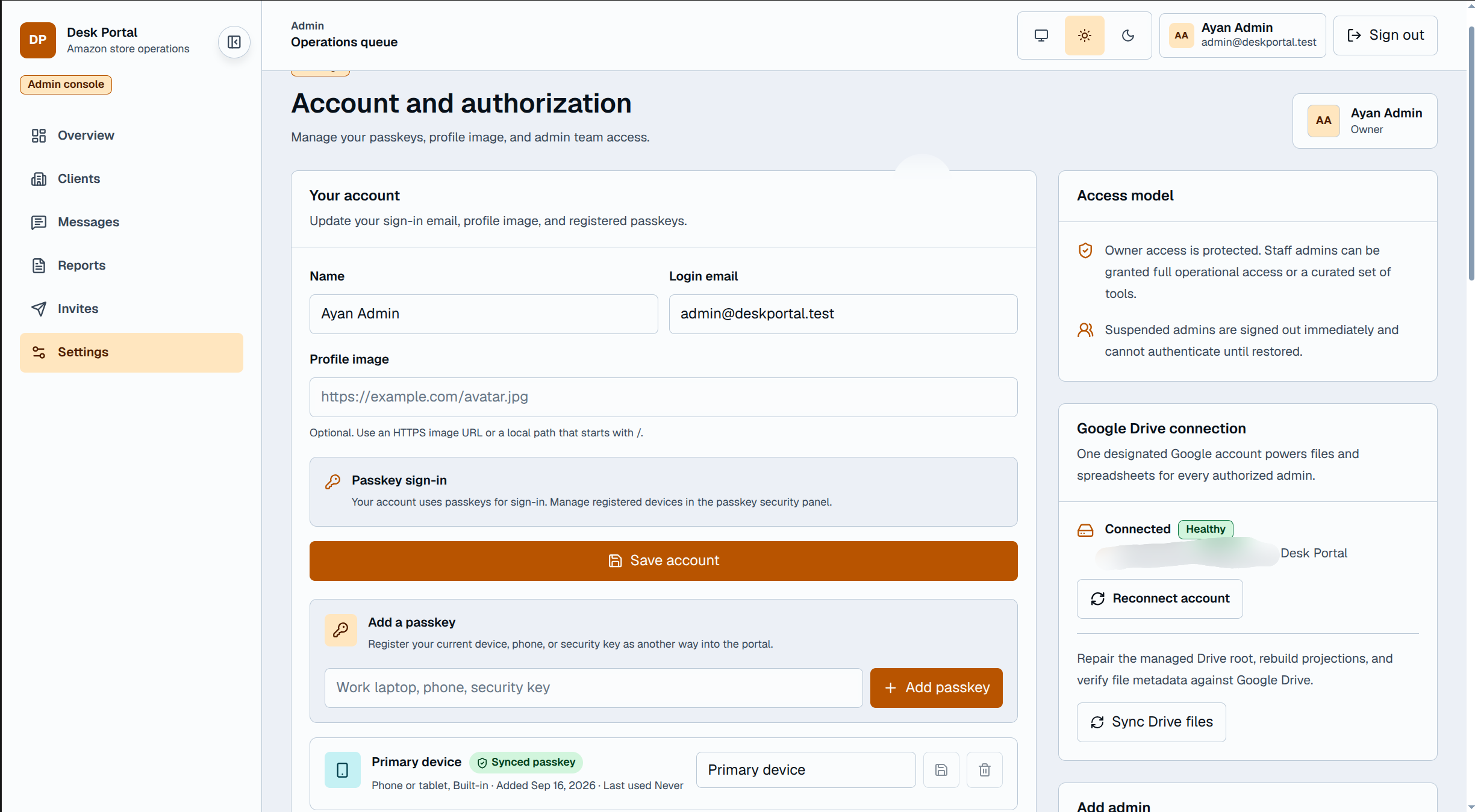 Amazon Portal settings showing account details, passkey management, access guidance, and Google Drive connection status, with connected account details redacted.