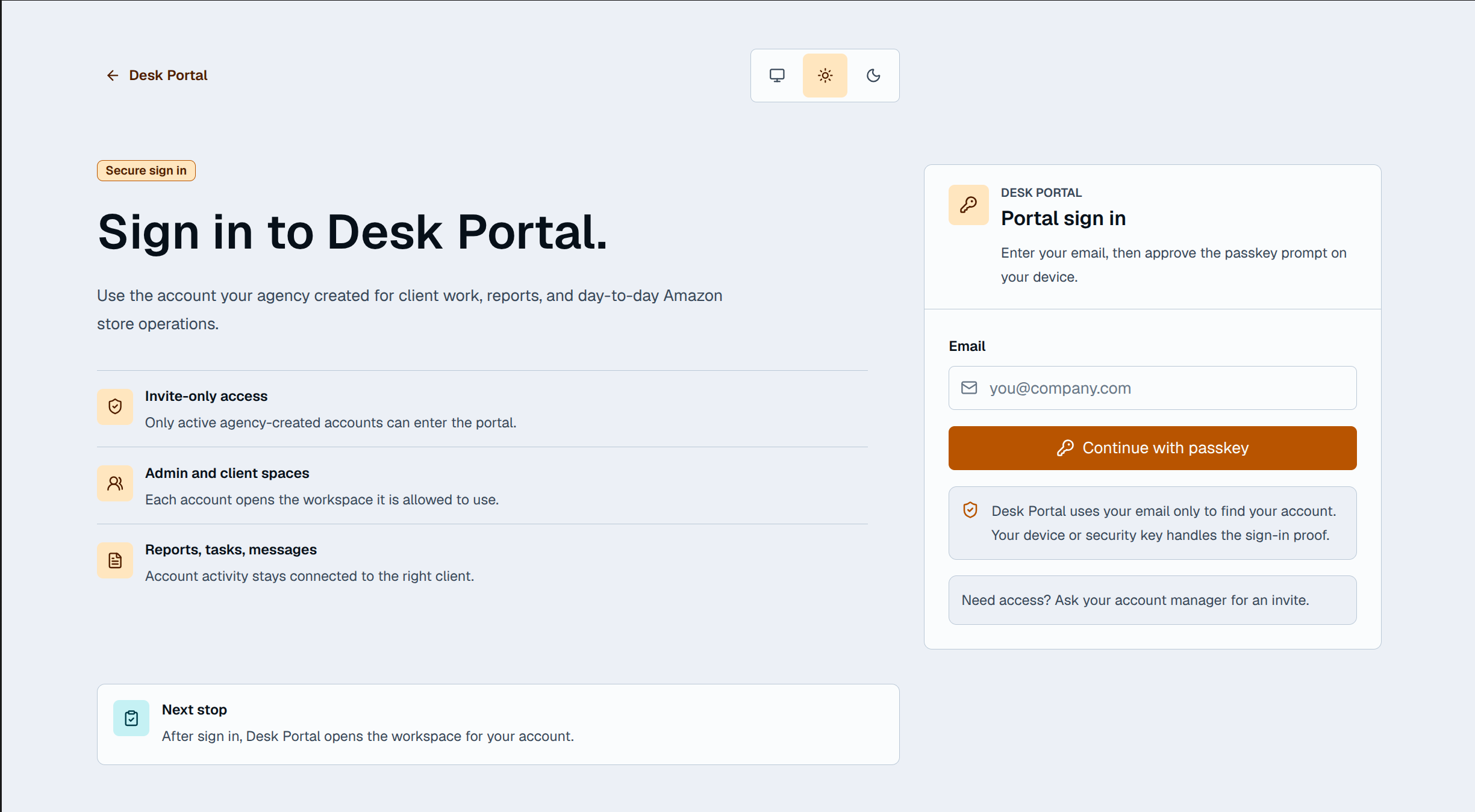 Amazon Portal sign-in page with an email field, a Continue with passkey button, and guidance for invited users.
