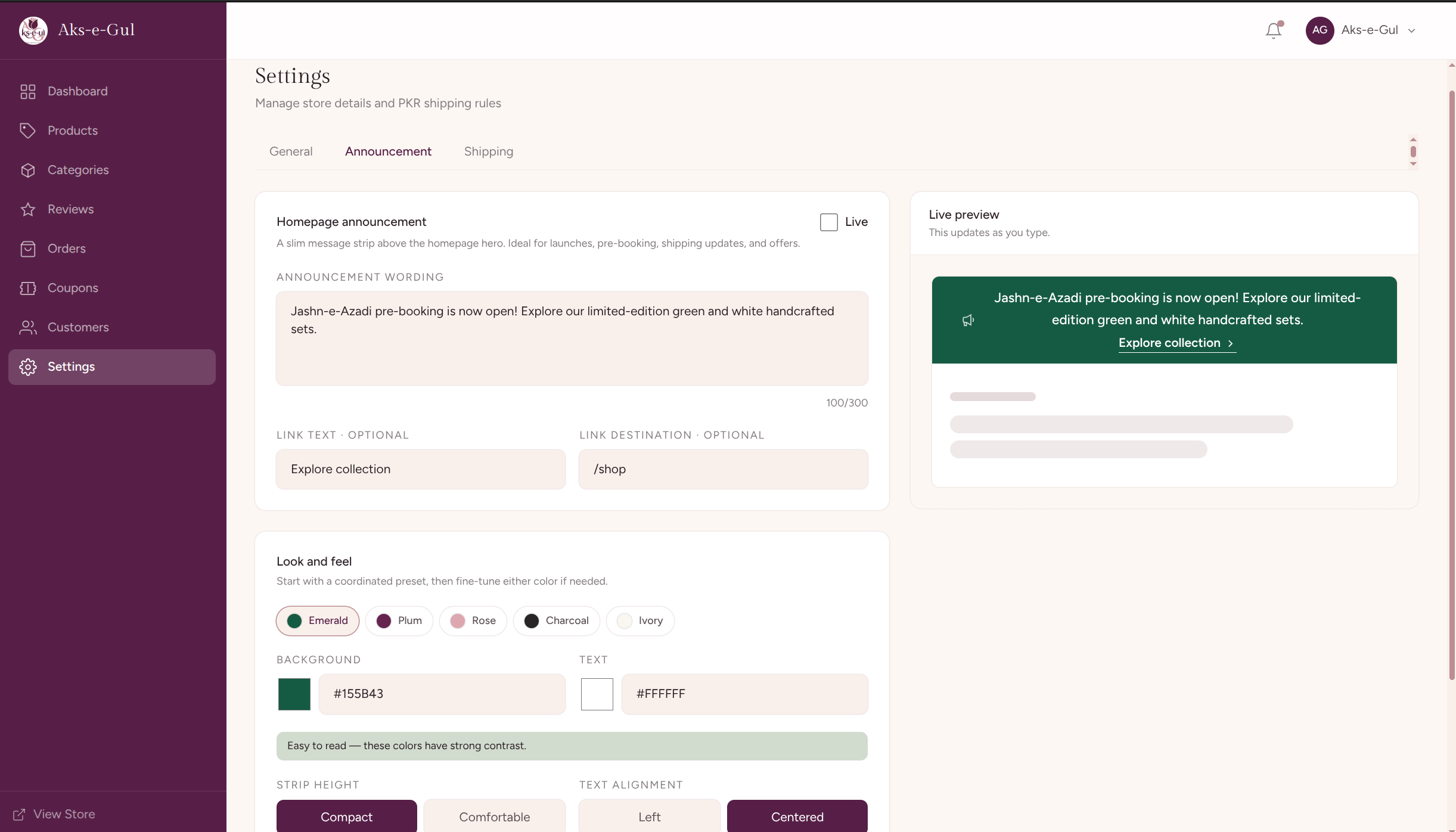Aks-e-Gul administrative store settings and live preview